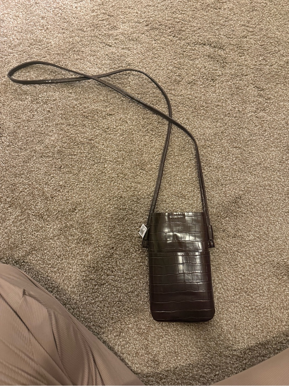 Croc-Embossed Brown Leather Crossbody Phone Bag